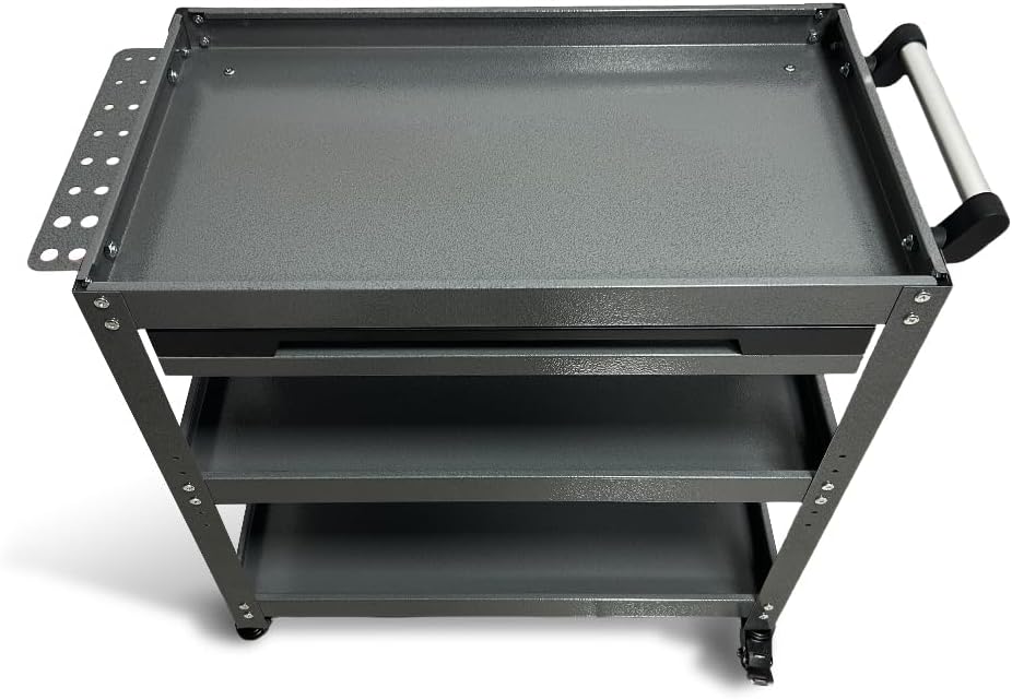 Metal 3 Tier Rolling Tool Cart with Drawer, Steel Utility Cart on Wheels, for Warehouse Garage Workshop