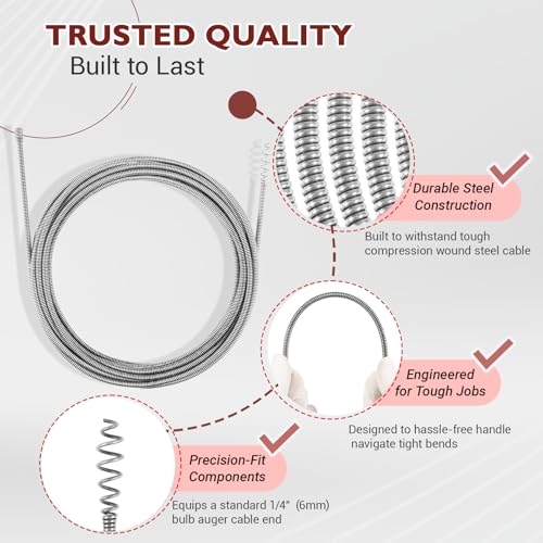 Replacement Drain Snake Cable Compatible with Ridgid K-45 & K-45AF Auto-Spin Drain Augers, 21338 Inner Core Cable, 30 Ft x 1/4 in