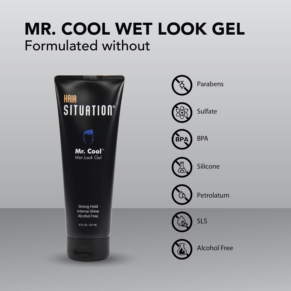Hair Situation Mr. Cool Wet Look Strong Hold Hair Styling Hair Gel, High Shine, Anti-Humidity Shield, Anti-Frizz Fly Away, Alcohol-Free