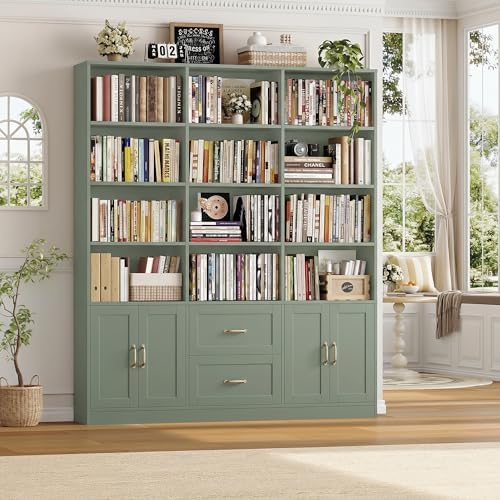 HOSTACK 71" Tall Triple Wide Bookshelf with Storage Drawers & Doors, Green | Large Bookcase with Cabinet, Modern 6-Tier Open Display Shelves, Wood Book Shelf for Living Room, Home Office