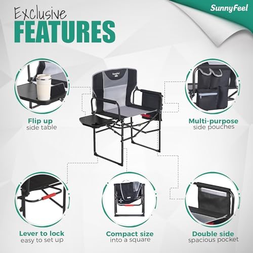 SUNNYFEEL Oversized Camping Directors Chair 500 LBS Heavy Duty, Portable Folding Chair with Side Table, Pocket for Beach, Fishing, Trip, Picnic, Lawn