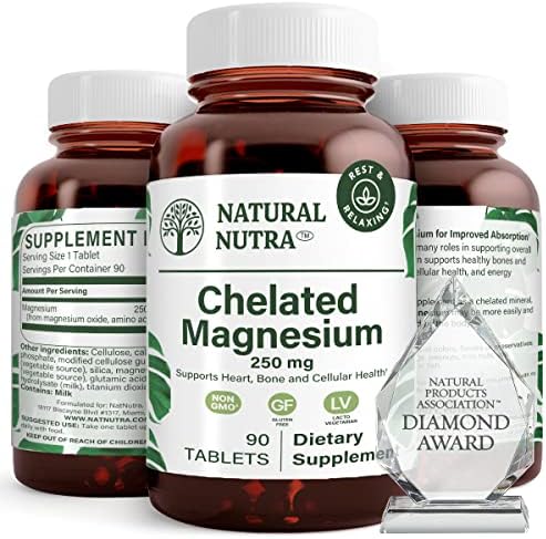 Natural Nutra Chelated Magnesium Oxide 250 mg - High Absorption for Strong Bones, Heart Health, Dental Health, Energy Boost, Gluten-Free, Non-GMO, 180 Tablets in BPA-Free Recyclable Glass Bottles
