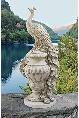 Design Toscano Staverden Castle Peacock on an Urn Garden Statue, 34 Inch Tall, Cast Stone Resin, Antique Stone Finish