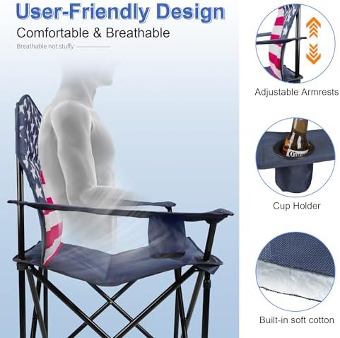 Oversized Camping Chairs 2 Pack - Heavy Duty 400LBS Padded Lawn Chair with Cooler Bag,Cup Holder,Side Pocket,Collapsible for Outdoor,Camp,Fishing & Garden,Dark Green