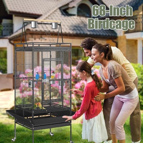 ZENY 68-Inch Birdcage, Playtop Parrot Cage, Wrought Iron Bird Cage with Rolling Stand