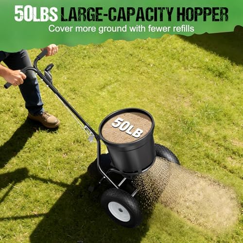 PPOLB Broadcast Spreader for Lawns, 50LB Fertilizer Spreader with 30-Level Flow Control, Walk Behind Lawn Seed & Salt Spreader, 0–10FT Coverage, Hopper Screen, Rain Cover, 12" Pneumatic Wheels