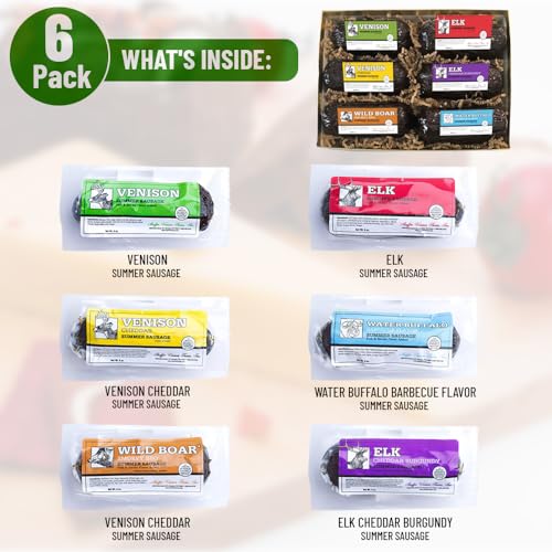 Game Summer Sausage Gift Pack (Venison, Cheddar, Elk, Elk Cheddar, Wild Boar, Venison Jalapeno Cheddar) (6- six ounce Chubs)