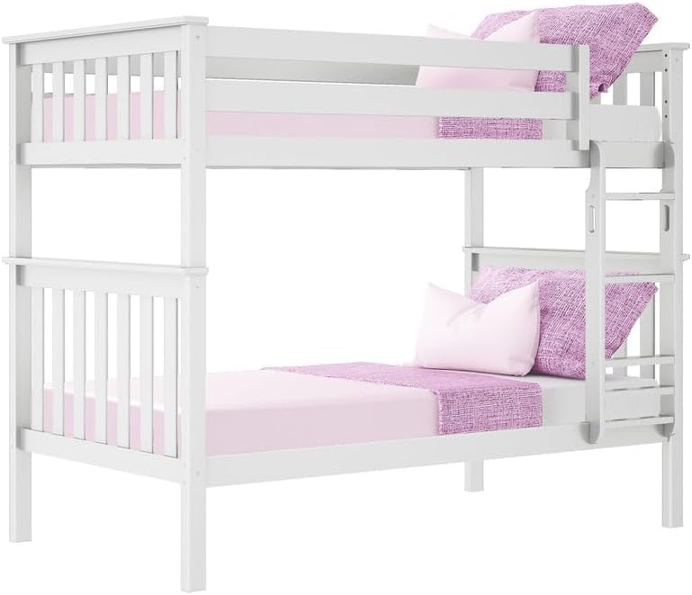 Max & Lily Bunk Bed Twin over Twin, Solid Wood Bunk Bed Frame with Ladder for Kids, 14" Safety Guardrails, Easy Assembly, No Box Spring Needed, White