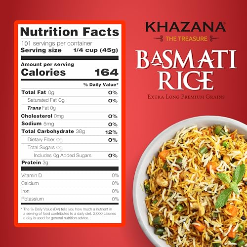 Authentic Extra Long Basmati Rice by Khazana in 10 lb Bag - Aromatic and Flavorful Indian Grain - Non-GMO, Gluten Free, Kosher, Cholesterol Free