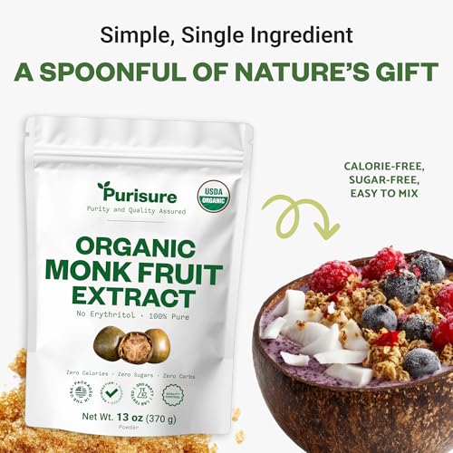 Organic Monk Fruit Extract Powder, 125g (4.4oz), No Fillers Pure USDA Organic Monk Fruit Extract Sweetener with No Aftertaste, Non-GMO, Zero Calorie & Zero Carbs, Keto & Paleo Friendly 403 Servings