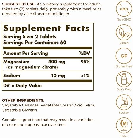 Solgar Magnesium Citrate - 120 Tablets, Pack of 2 - Promotes Healthy Bones, Supports Nerve & Muscle Function - Highly Absorbable - Non-GMO, Vegan, Gluten Free, Kosher - 120 Total Servings