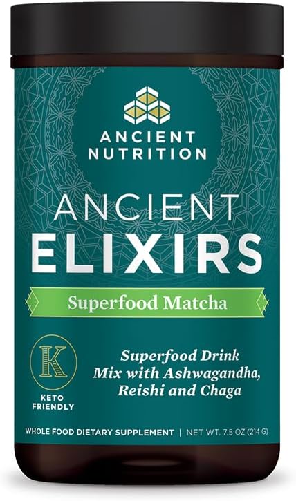 Matcha Green Tea Powder with Ashwagandha by Ancient Nutrition, Ancient Elixirs Superfood Matcha Energy Powder, with MCTs