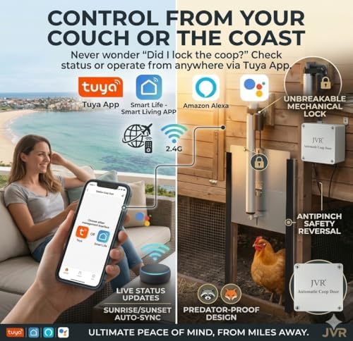 JVR WiFi Chicken Coop Door, App Alexa Control, Sunrise Sunset, Anti-Pinch