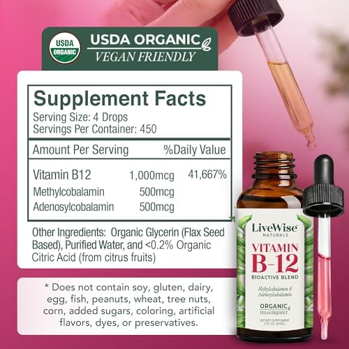 Organic Vitamin B12 1000 mcg Sublingual Liquid Drops, Unflavored, 2 oz | Methylcobalamin & Adenosylcobalamin, Bioactive Blend for Energy, Clarity & Focus, Vegan, Non-GMO, For Adults, 1 Year+ Supply