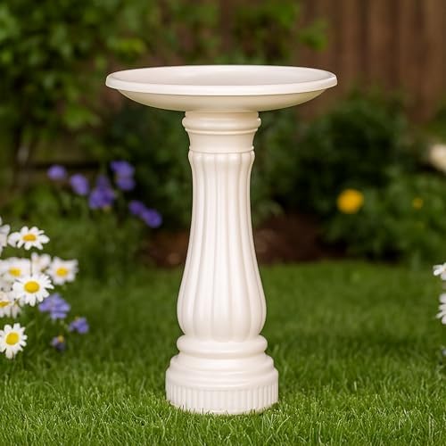 Union Products Bird Bath for Outside, Round Outdoor Patio Lawn and Garden Decor with Fillable Base for Stability, 17"D x 25"H, White