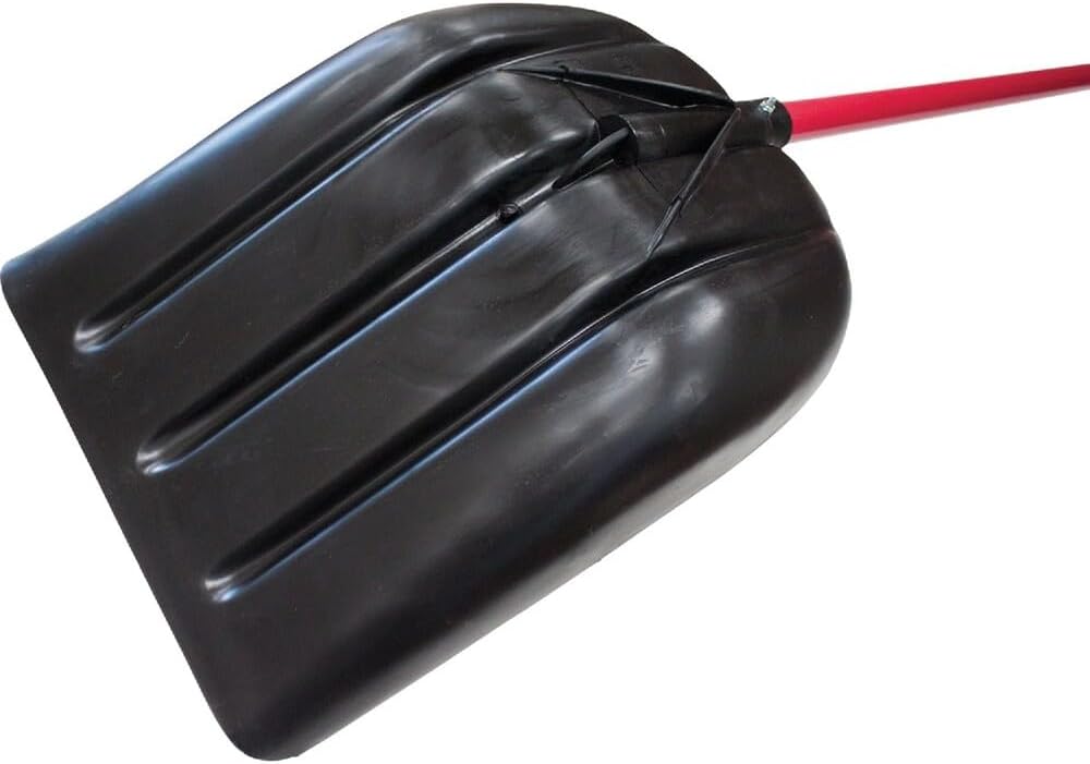 Snow Mulch Scoop Shovel Fiberglass Handle, Made in USA | Poly scoop, 18"x14"x4" head, 54" total, 3 lbs, D-grip, fiberglass handle, polyester veil