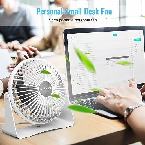 BESKAR USB Small Desk Fan, Portable Table Fans with 3 Speeds Strong Airflow