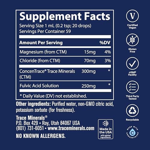 Trace Minerals Ionic Fulvic Acid Mineral Drops, 250mg, 2 fl oz, 59 Servings | Full spectrum ionic trace minerals, concentrated fulvic acid solution