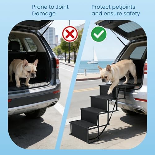 Portable Extra Wide Dog Steps, Large Dog Folding Stairs for Car, Truck, SUV | 4 Steps Non-Slip Dog Ramp for Large Dogs, Supports Up to 300 Lbs
