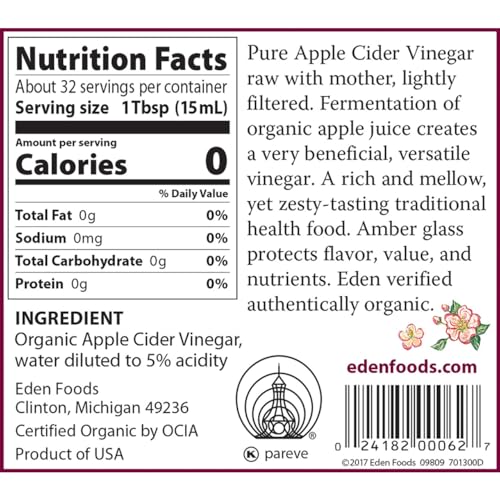 Eden Organic Apple Cider Vinegar, Raw, Unpasteurized with Mother, 16oz Glass