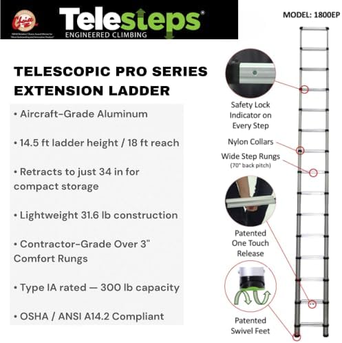 Telesteps 1800EP Pro Series Wide Step Telescoping Extension Ladder – 14.5 ft Height, 18 ft Reach | Type 1A 300 lb Rated