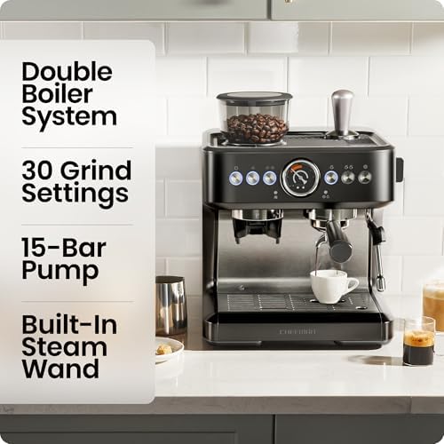 Chefman 6-in-1 Espresso Machine with Built-In Milk Frother, 15-BAR Pump, Digital Display, One-Touch Single or Double Shot for Cappuccinos and Lattes