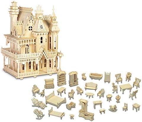 Puzzled Bundle of Furniture Set & Fantasy Villa Doll House Wooden 3D Puzzles Construction Kits