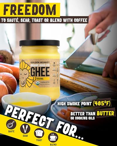 GOLDEN MONKEY Organic Ghee Butter – Grass Fed Clarified Butter for Cooking, Baking