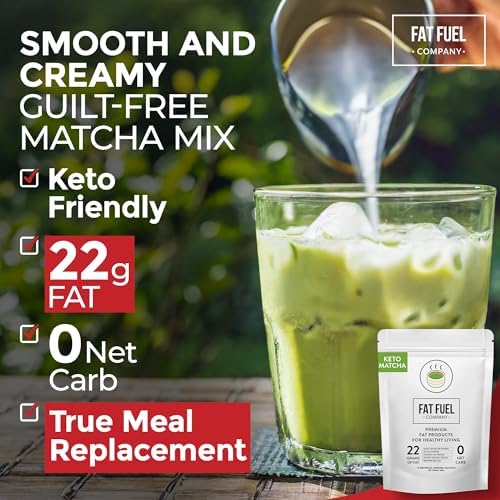 FAT FUEL Keto Matcha 22g Premium Fats - With Grass Fed Butter, MCT Oil, Coconut & Redmond Real Salt - Instant Organic Matcha, Zero Net Carb