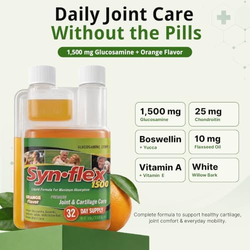 Synflex Joint Support Supplement 32-Day Supply 8oz | Liquid Glucosamine 1500mg & Chondroitin | HSA/FSA High Concentration Orange Flavor with White Willow Bark, Manganese & Boswellia for Men & Women