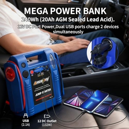 2000 Peak Amp Car Battery Jump Starter, 12V Booster for Up to 8.0L Gas & 8.0L Diesel Engines, Portable Jump Box with LED Light, USB & DC Ports