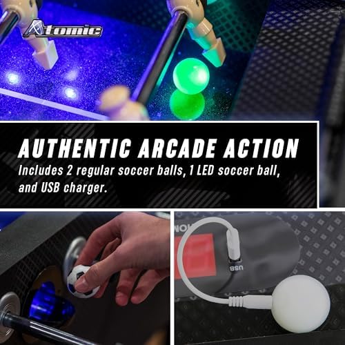 Atomic Azure LED Foosball Table – Light Up Arcade Style Table with In-Rail LED Lighting, Music, Electronic Scoring, Glow Foosball