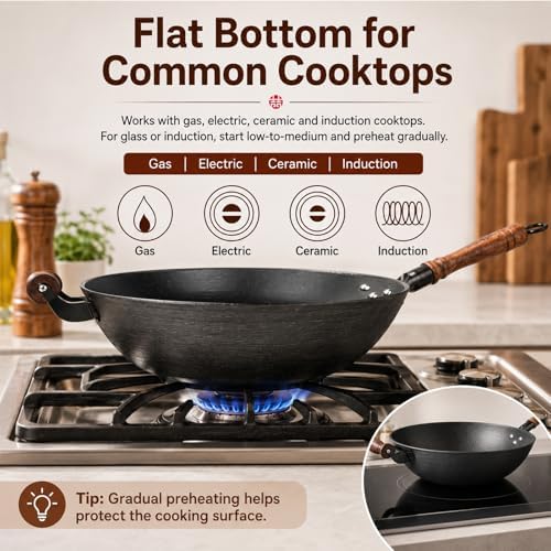 WANGYUANJI 12.6 Inch Cast Iron Wok with Wooden Lid, Handcrafted Flat Bottom Chinese Stir Fry Pan, Uncoated Heavy-Duty Iron Wok for Induction, Gas