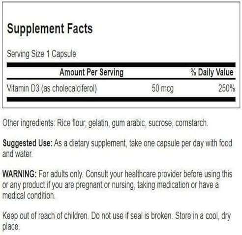 Swanson Higher Potency Vitamin D-3 2000 Iu - Sunshine Vitamin Bone, Immune Support (50 mcg) 250 Capsules
