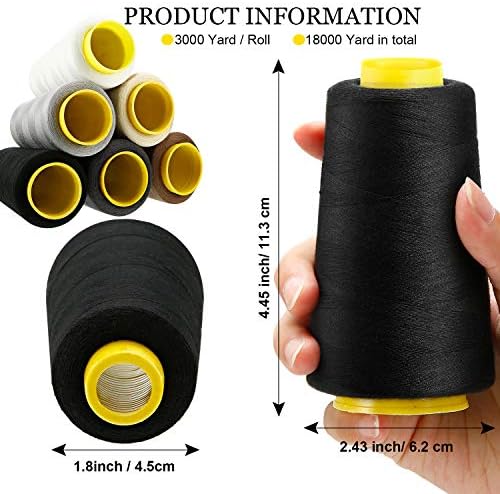 BBTO 6 Rolls 3000 Yard Each Serger Thread Polyester Cones Spool Thread for Sewing Serger Overlock Quilting Sewing Machine (Black, White, Beige, Grey