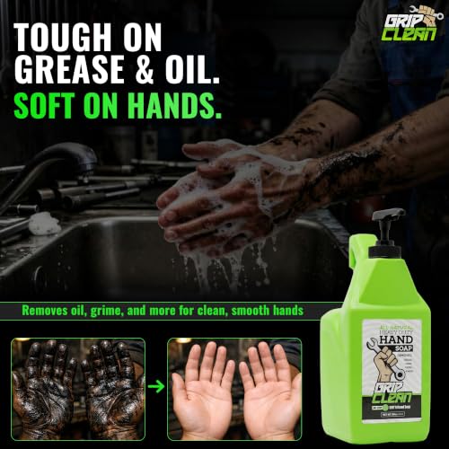 Grip Clean Heavy Duty Hand Cleaner For Mechanics, Natural Pumice, 64 Oz | Clay Infused, Grease, Oil, Grime Remover, Moisturizing Coconut Olive Oils, Lime Scent, For Shop, Garage, Industrial Use