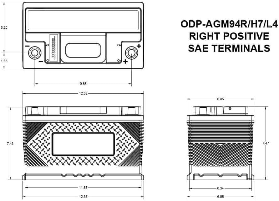 Odyssey Battery 94R-850 Performance Automotive Battery Group 94R 1500 PHCA 850 CCA 1000 MCA RC Min. 150 L-12.36 in. W-6.85 in. H-7.47 in. w/SAE