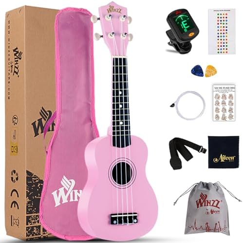 Winzz Soprano Ukulele Starter Kit For Beginners with Bag, Clip-On Tuner, Extra Strings, Strap, Plectrum, Fret Stickers, Chords Card, Polishing Cloth, Black