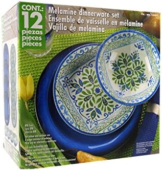Melamine 12 Piece Dinnerware Set (Blue & Green) - Suitable Indoors and Outdoors