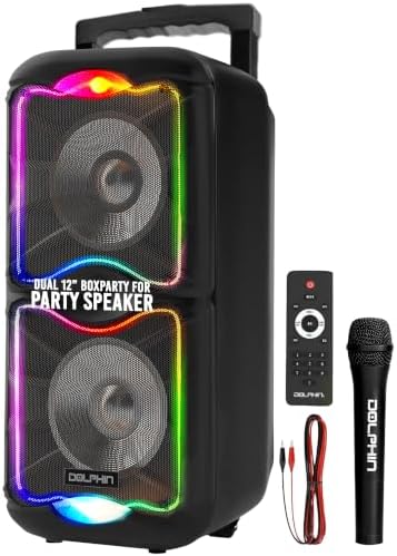 DolphinLarge Bluetooth Party Speaker, Dual 12" Woofers | 3600W Output, WaveSync Pairing, 5-Band EQ, USB, SD, TF, FM & AUX Inputs