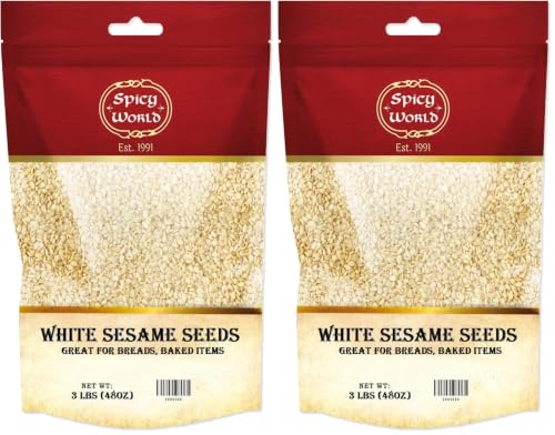 Spicy World White Sesame Seeds 3 LB Bag - Natural, Raw, Hulled, Non-GMO, Bulk Resealable Bag