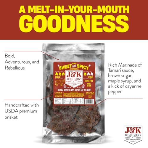 J&K Sweet and Spicy Beef Jerky - Hand Crafted Small Batch American Made Slab Beef Jerky - Bold & Flavorful Snack! - 7oz Big Bag
