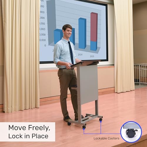 Stand Up Adjustable Height Lectern Podium | Rolling Desk with Storage Shelf | Ergonomic Standing Desk Frame for Office, Classroom, Laptop, Teaching, Presentations & More (Dark Walnut)