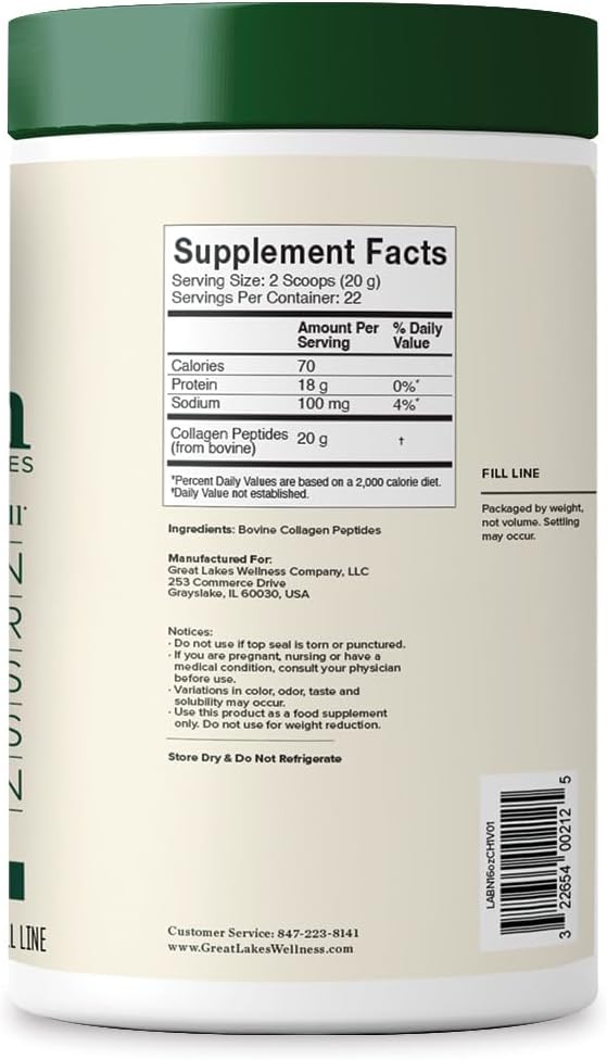Great Lakes Wellness Collagen Peptides Powder – Supports Skin, Hair, Nails, Joints & Digestion – Hydrolyzed, Non-GMO, Keto & Kosher – Pure Collagen Protein (16 oz, 22 Servings) Packaging may vary