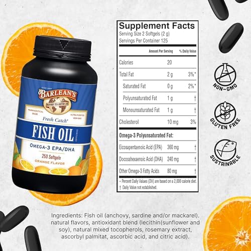 Barlean's Omega 3 Fish Oil Supplements, 600mg Fish Oil Pills with EPA & DHA, Softgels for Joint, Brain, & Heart Health, Orange Flavored, 250 Count | Wild-caught fish oil, EPA DHA omega-3, Burpless, Non-GMO, Gluten-free, 250-count value size, Heart & brai…