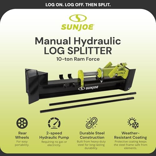 Sun Joe Cordless Manual Hydraulic Steel Beam Log Splitter, Portable and Compact, 10 Ton Capacity - Wood Splitting Machine and Equipment for Fireplace