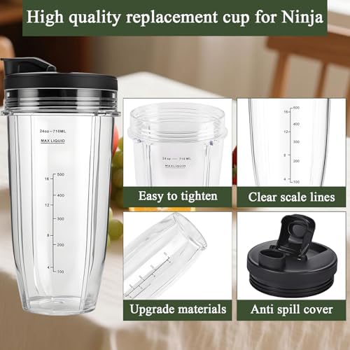 Blender Replacement Parts for Ninja, 24oz Ninja Blender Cups with To-Go Lids