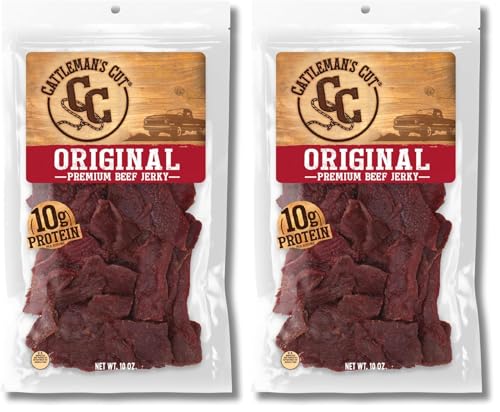 Cattleman's Cut Original Beef Jerky, Premium Marinated Steak High Protein Meat Snacks, Keto Friendly, Gluten Free, Carnivore Travel Snack, Resealable Bag, 10 Ounces