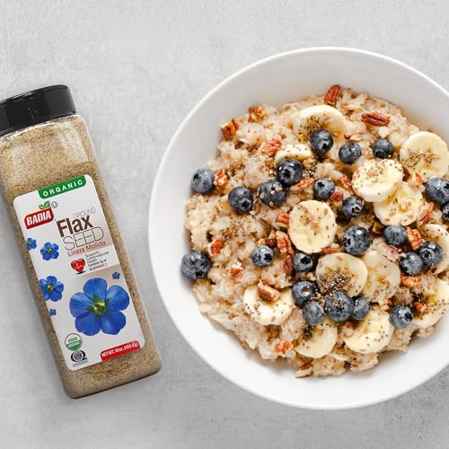 Badia Organic Ground Flax Seed, 16 oz – Fiber & Omega-3 Non-GMO Superfood | Organic ground flax seed with naturally occurring fiber and omega-3, ideal for smoothies, baking, oatmeal, yogurt, & recipes