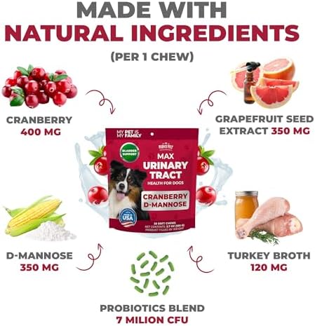 MAX Cranberry for Dog UTI Treatment - MAX Strength Cranberry Supplement for Dogs + D-Mannose. Bladder Control for Dogs. Urinary Tract Care & Kidney